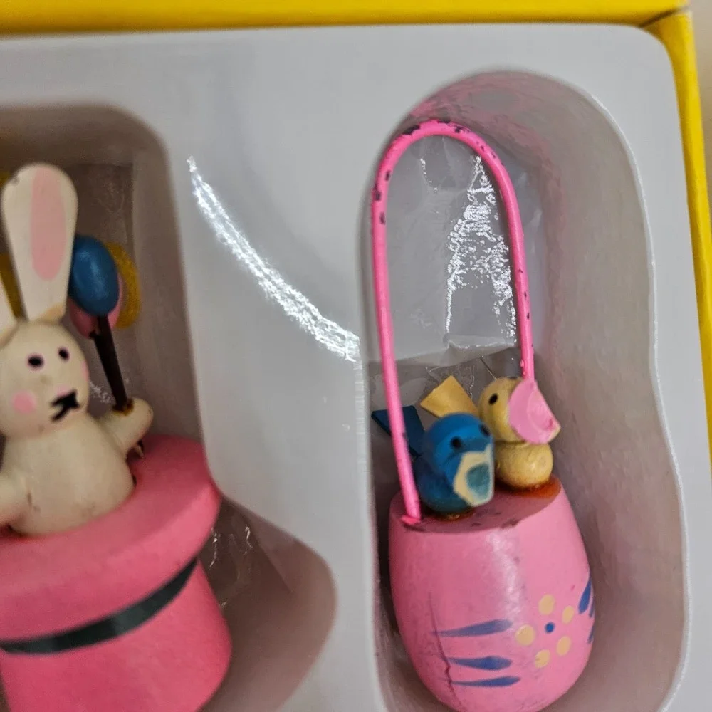 Vintage Wooden Easter Ornament Set 17 Pc Bunny Egg Bird Spring Decor Box